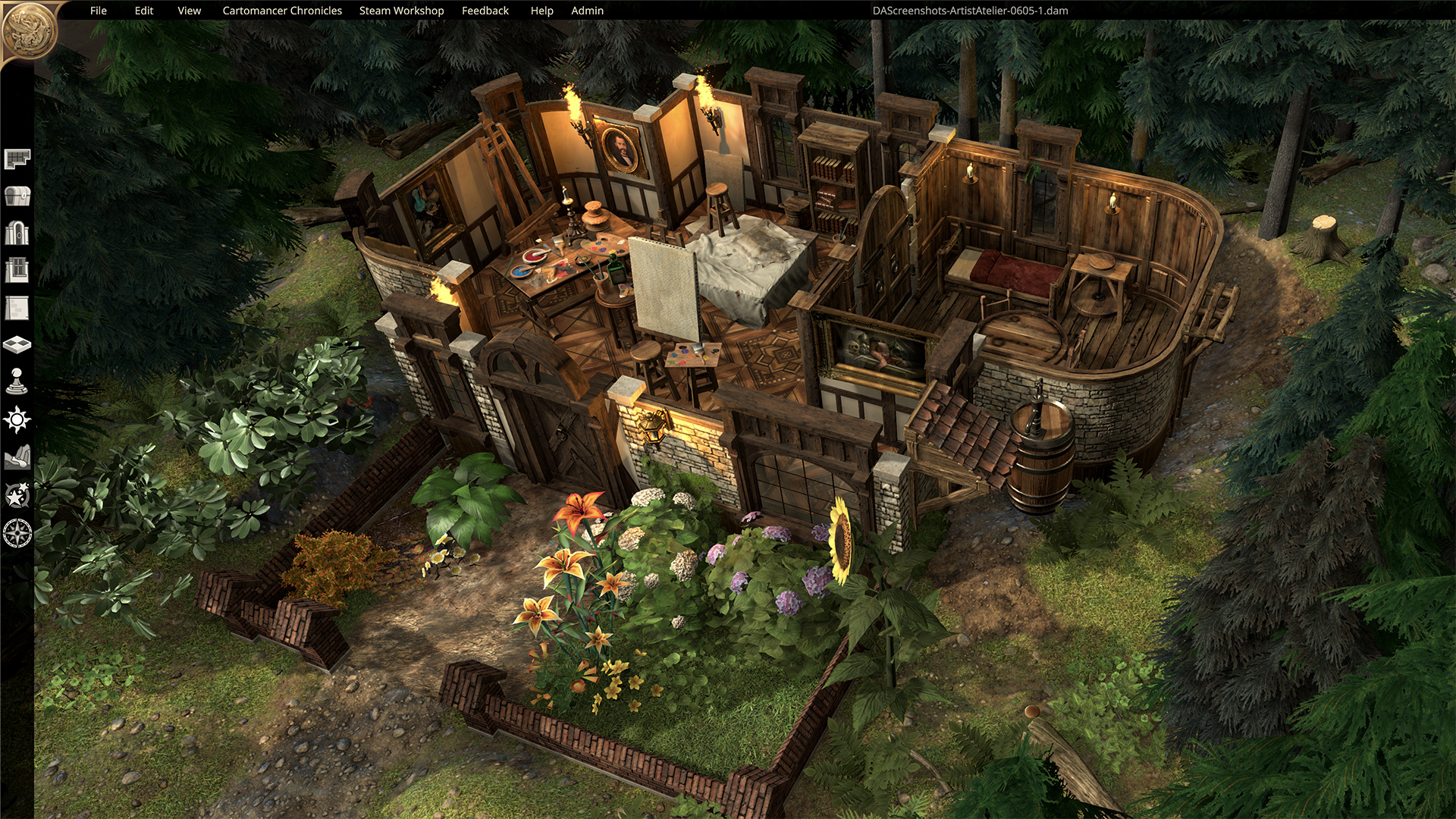 Dungeon Alchemist's editor showing a furnished artist's cottage with an easel, bed, bookshelves, and surrounding woodland