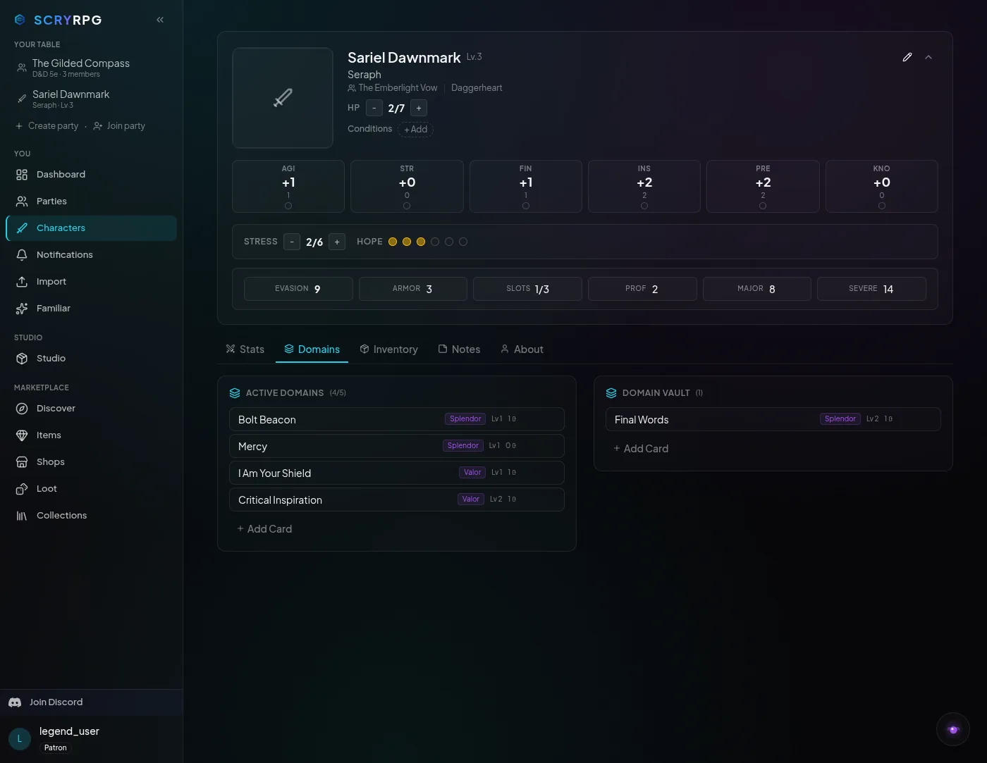 The Domains tab of a Daggerheart character in ScryRPG with an active loadout and a vault of cards