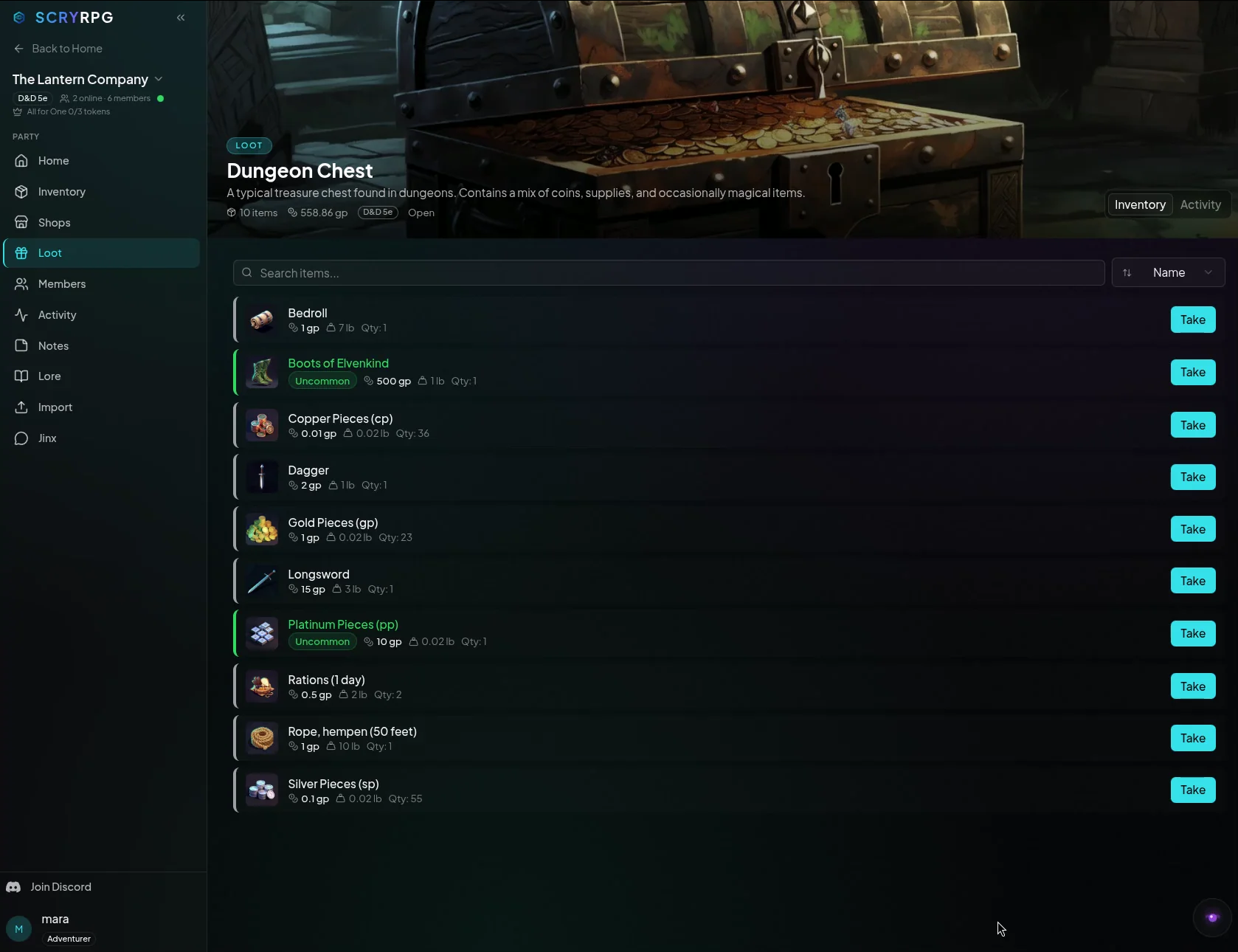 A revealed ScryRPG treasure chest hoard listing items the party can take