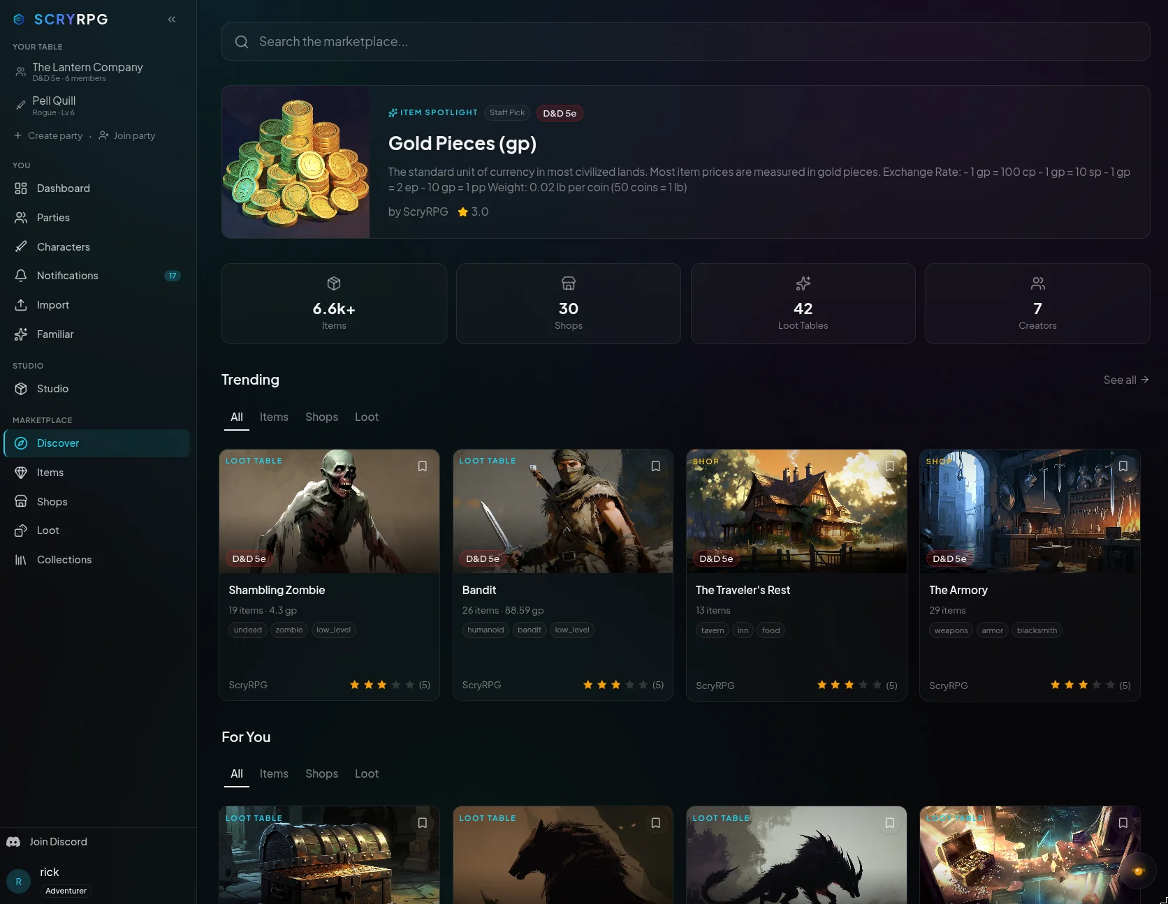 The ScryRPG marketplace showing a grid of community items, shops, and loot sets.