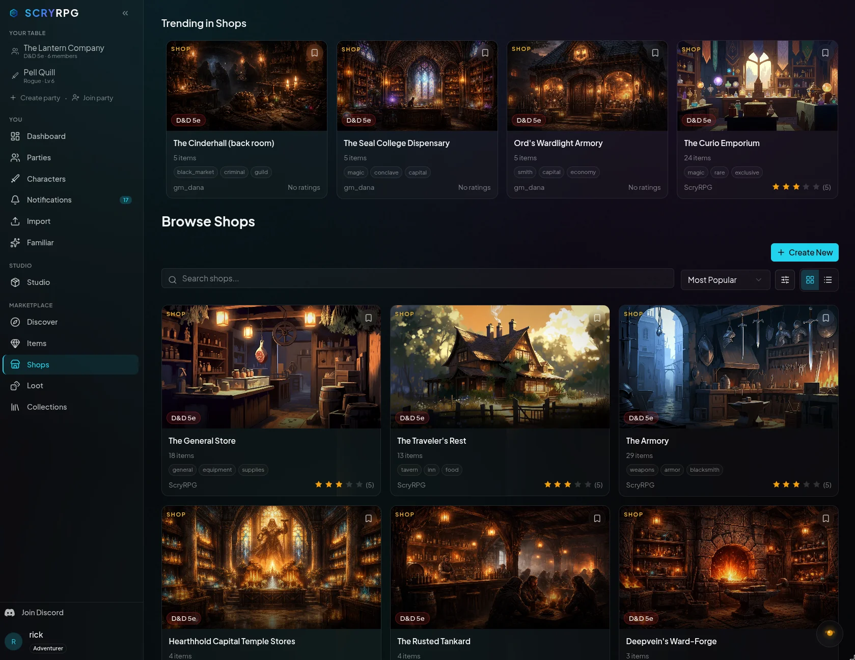 Browsing shop templates in the ScryRPG marketplace: illustrated storefronts with item counts, system badges, tags, and star ratings under Trending in Shops and Browse Shops.