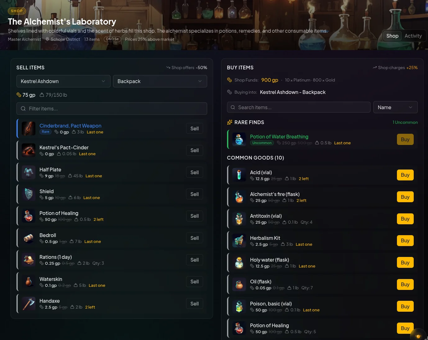 A stocked ScryRPG merchant open to its buy and sell panels, with prices the party pays already adjusted by the shop's markup