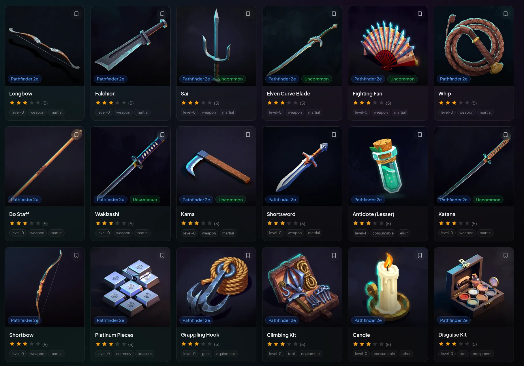 Pathfinder 2e items in ScryMarket showing ORC-licensed weapons and equipment with artwork and ratings