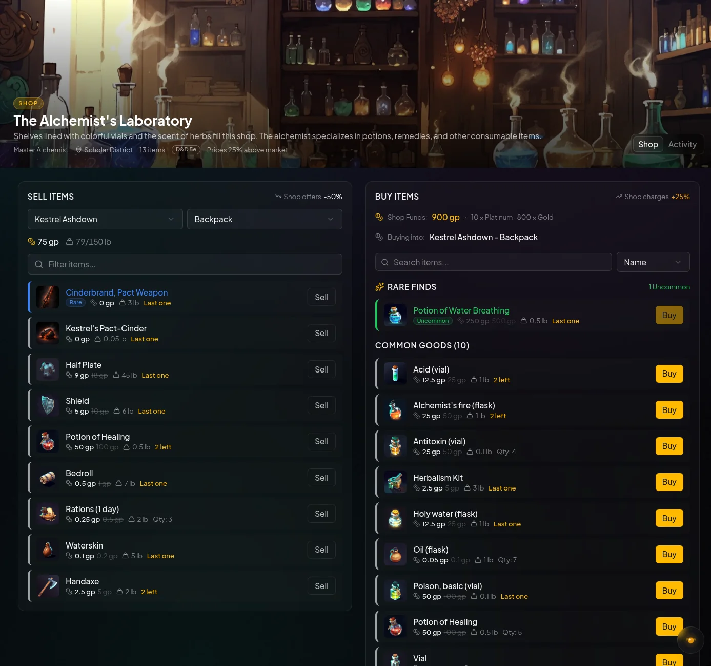 A stocked ScryRPG shop open to its buy and sell panels, with prices on each item and the gold on hand