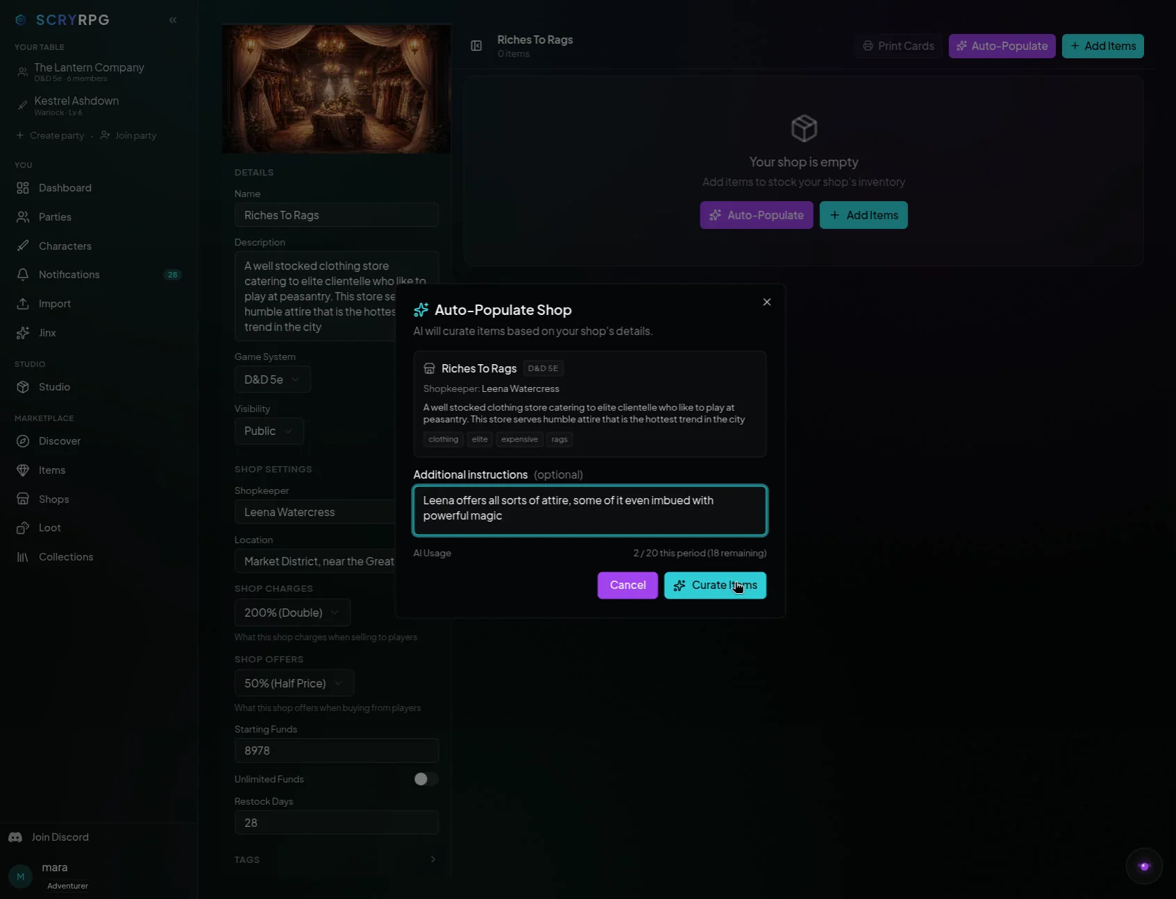 The ScryRPG Auto-Populate Shop dialog with a one-line description of the merchant, ready to draft curated stock
